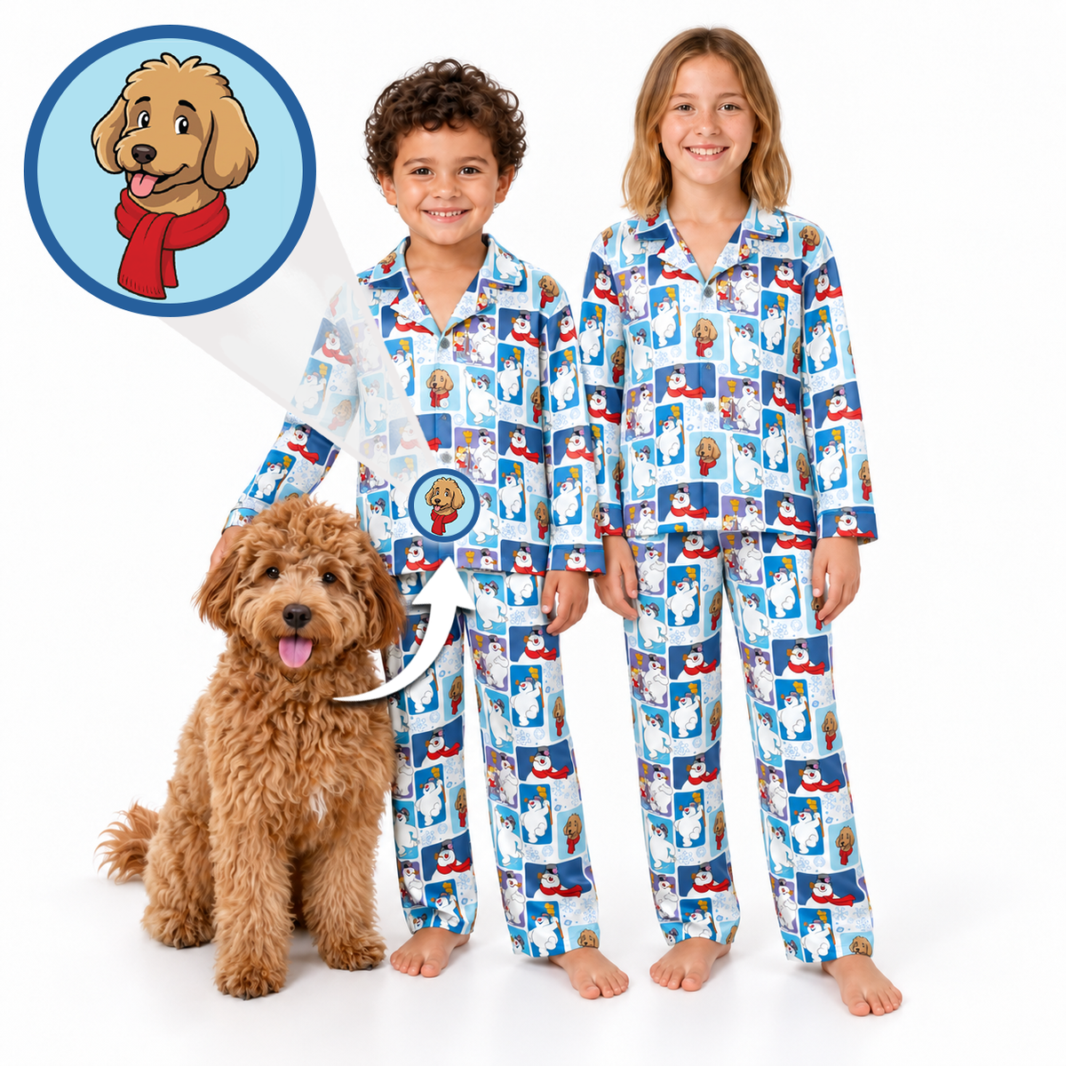 Two smiling children wearing matching blue Christmas pajamas printed with snowmen and a custom dog illustration, standing beside a fluffy brown dog, with an inset showing the personalized dog artwork.