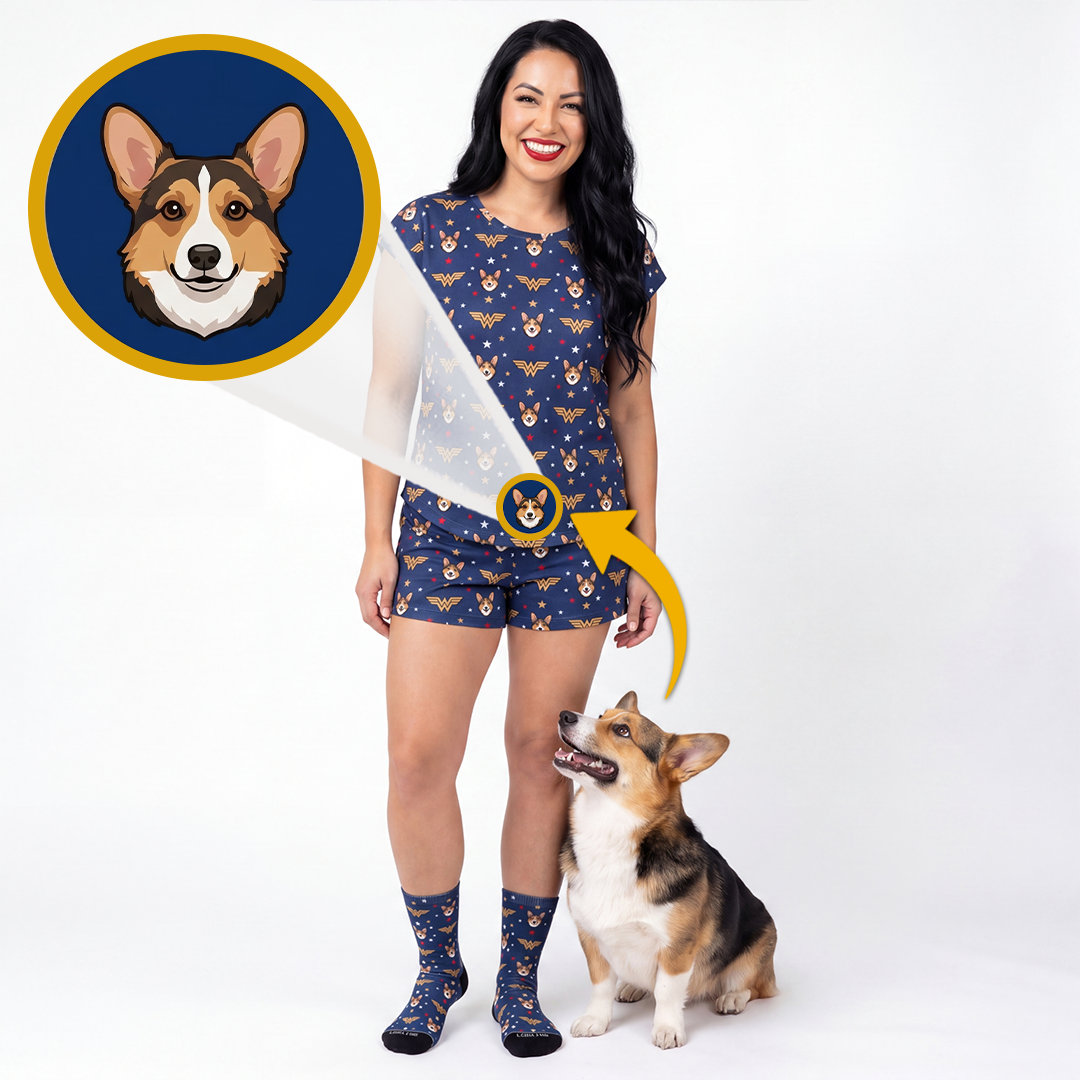 A woman modeling a matching navy blue pajama set with a corgi print, standing next to a corgi dog on a white studio background. A circular inset shows a corgi face, with a yellow arrow pointing to the printed design on the pajamas and socks.