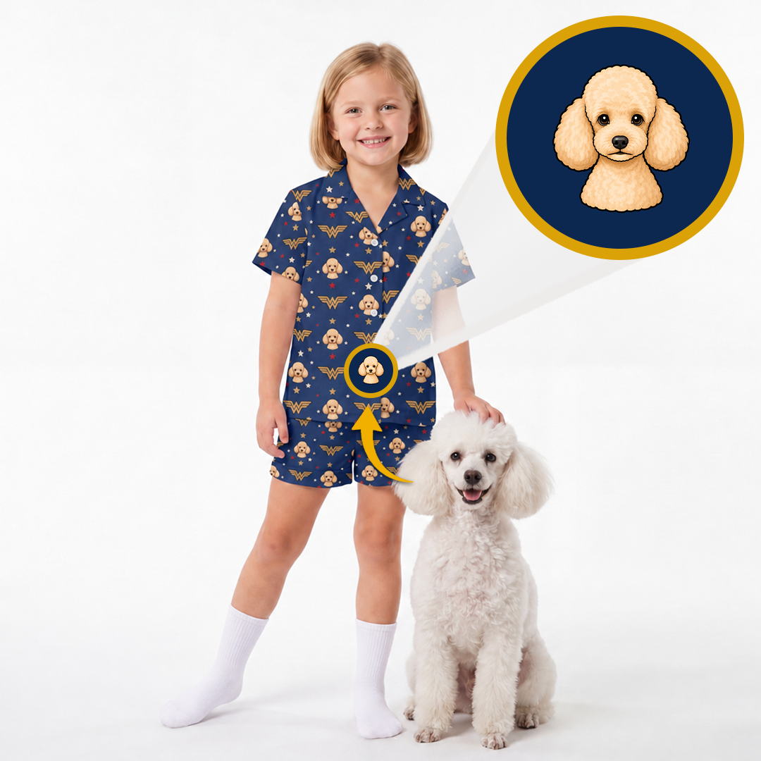 A young girl stands next to a small white poodle on a white studio background, wearing a navy short-sleeve scrub-style romper with a repeating dog-face print. A circular inset at the top right shows a close-up of the dog-face motif, and arrows indicate the print is pet-friendly.