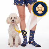 A white poodle sits beside a person's lower legs wearing blue socks and matching shorts with a cartoon dog print. A circular zoom-in on the sock shows the dog face pattern, with a yellow arrow pointing from the zoom-in back to the person's sock and a second zoom-in on the shorts.