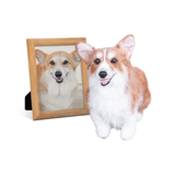 A custom plush Cuddle Clone of a Corgi, with a realistic image of the Corgi in a picture frame next to the plush toy.