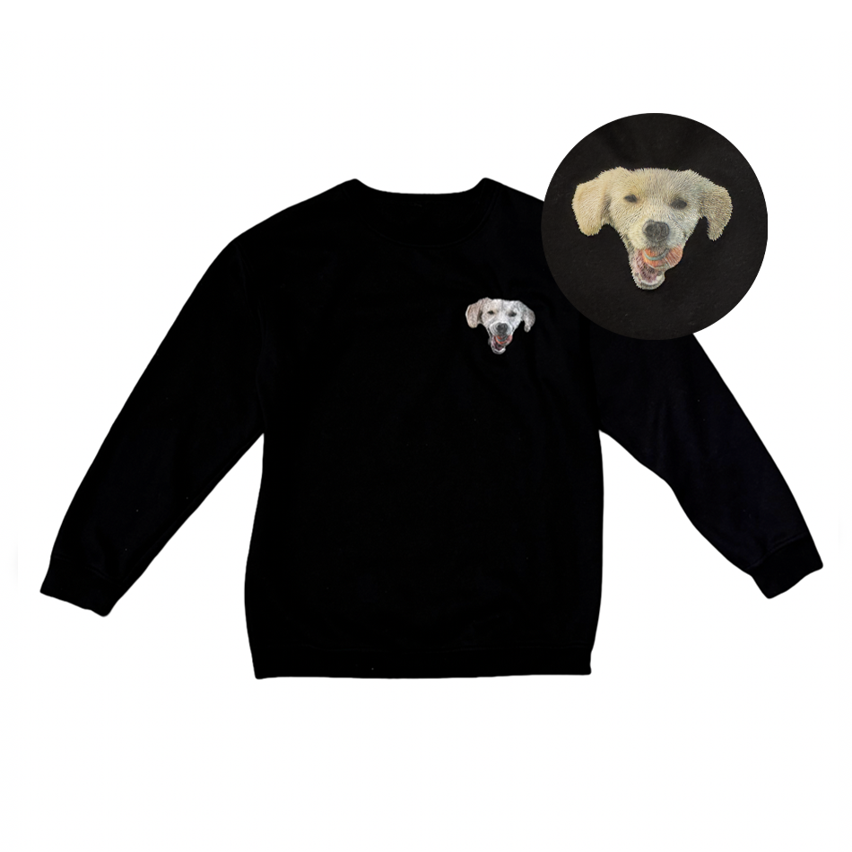 Black sweatshirt with a dog's face printed on it, including a close-up of the print.