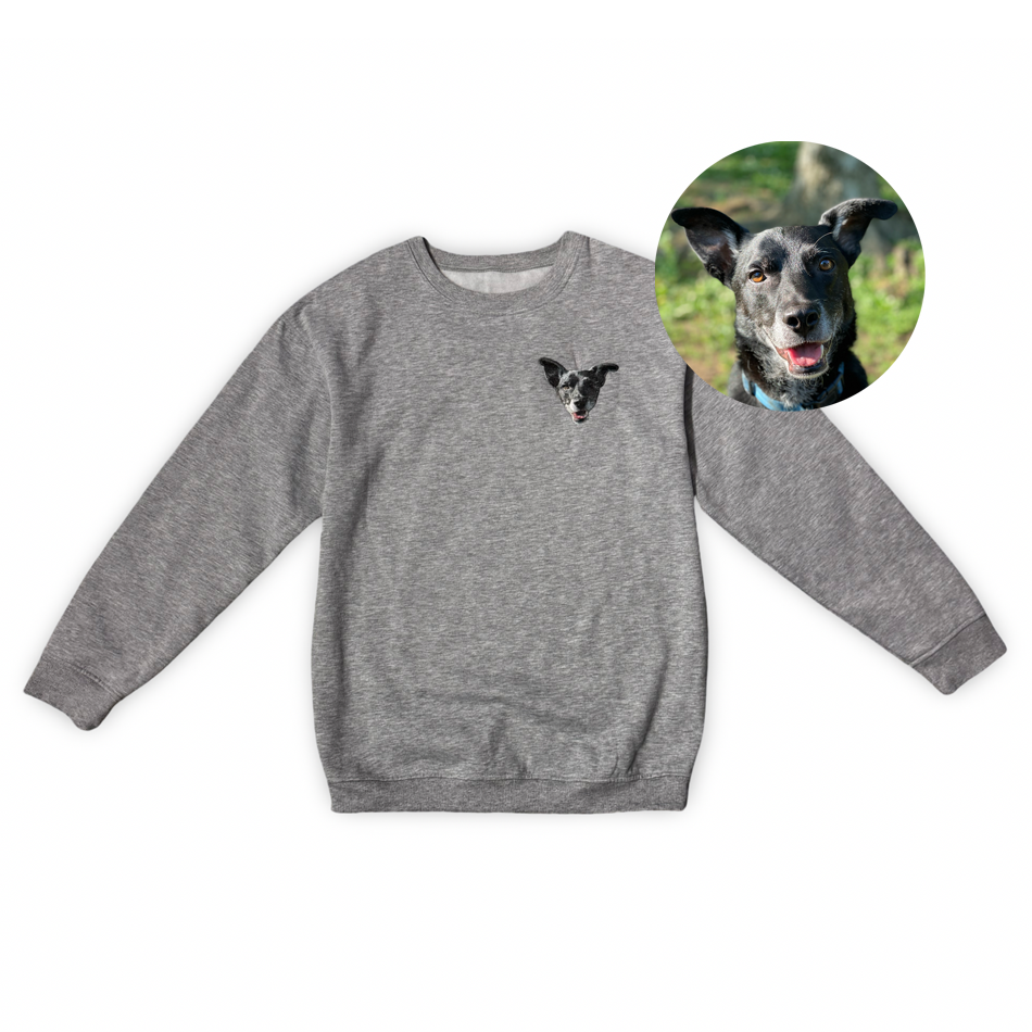 Gray sweatshirt with a dog's face printed on it, next to an inset photo of a real dog.