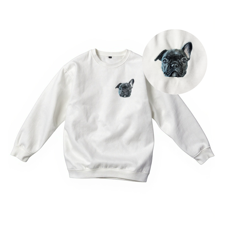 White sweatshirt with a dog graphic on a white background.