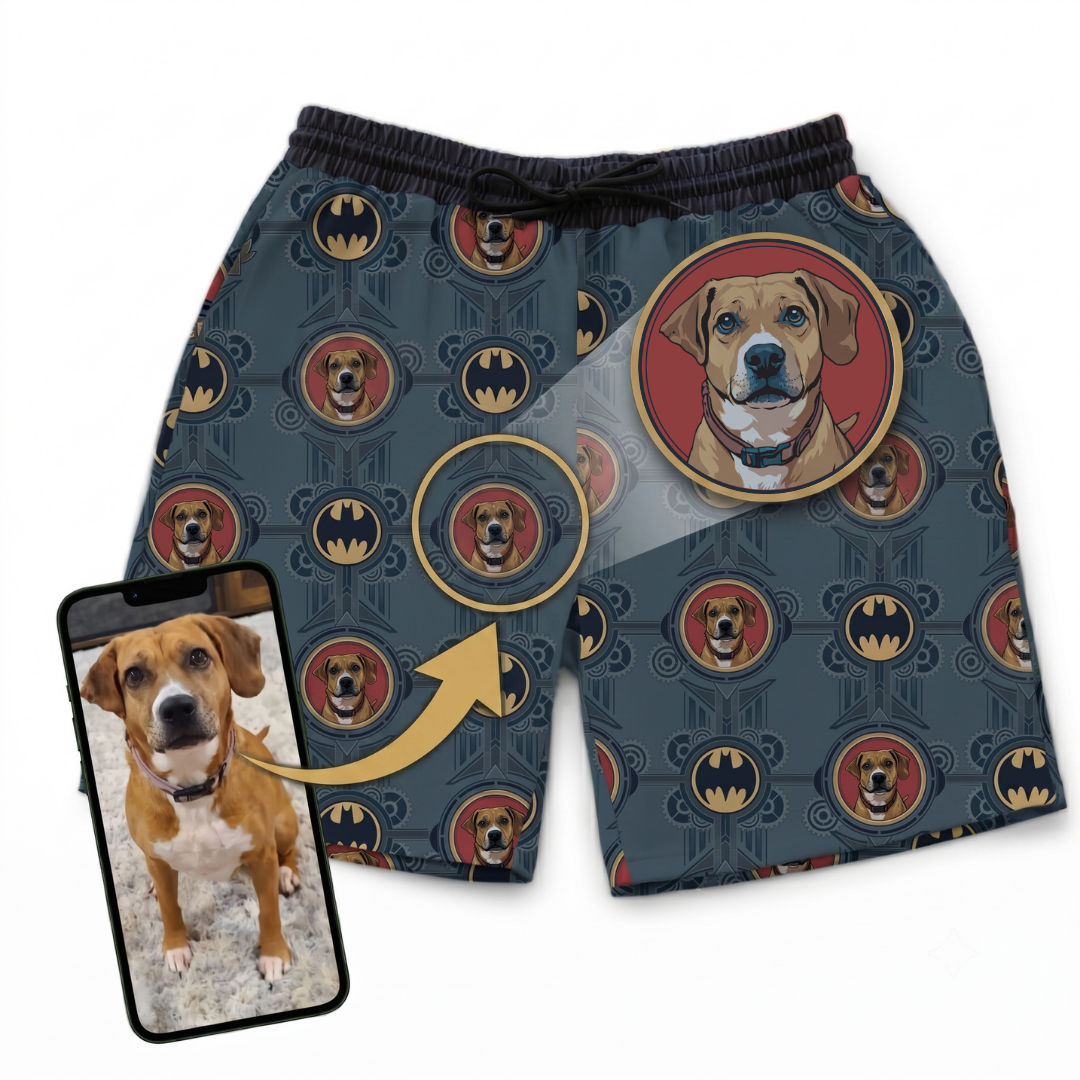 Pajama shorts with dog pattern and Batman logo, paired with a phone showing a dog photo.