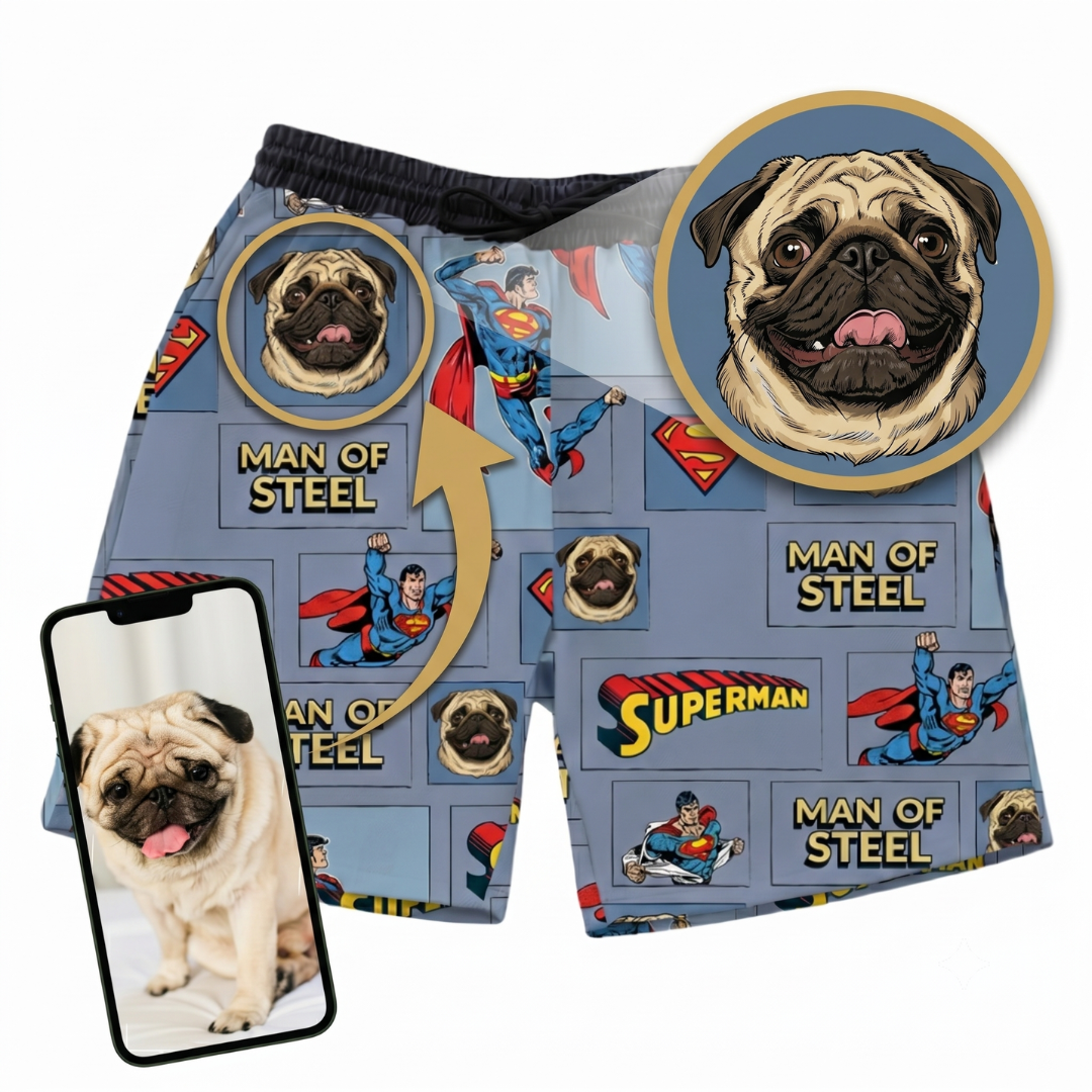 Superman-themed shorts with pug illustrations and 'Man of Steel' text, displayed with a phone showing a pug photo.