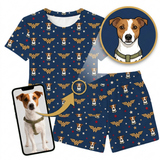 Navy blue t-shirt and shorts set with dog pattern and Wonder Woman logo, including a close-up of a dog wearing a similar outfit.