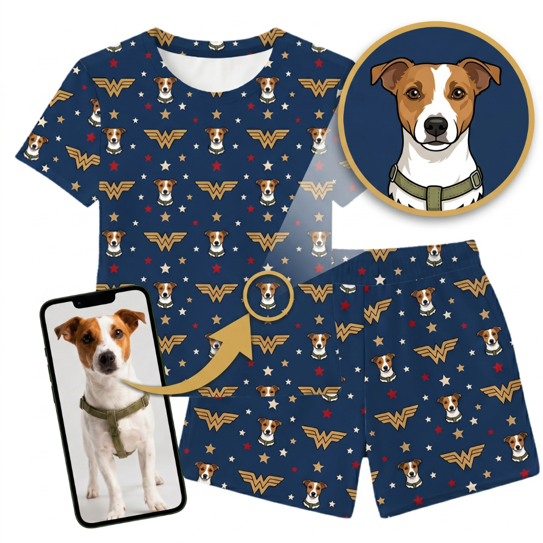 Navy blue t-shirt and shorts set with dog pattern and Wonder Woman logo, including a close-up of a dog wearing a similar outfit.