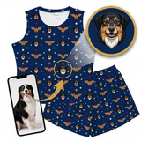 Dog-themed Wonder Woman outfit with matching phone case and wall art on a white background.