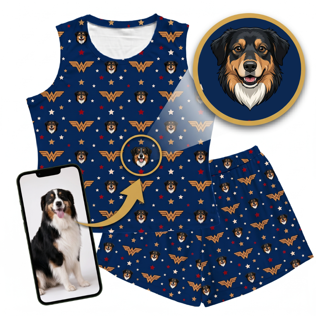 Dog-themed Wonder Woman outfit with matching phone case and wall art on a white background.