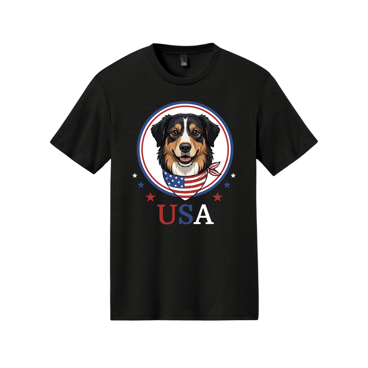 Black t-shirt with a dog graphic and 'USA' text on a white background[BlackFireworks]
