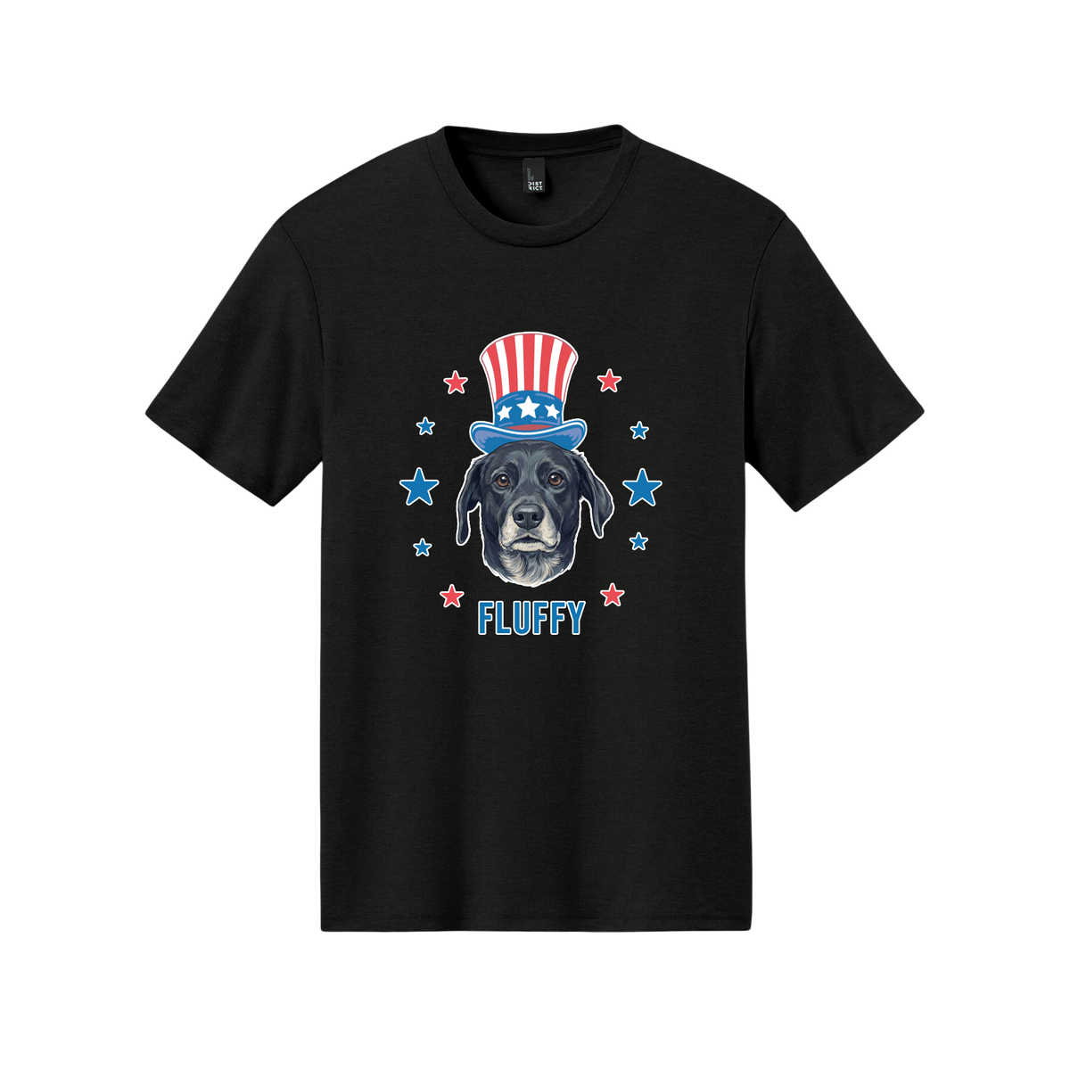 Black t-shirt with a dog wearing an American flag hat and 'FLUFFY' text on a white background[BlackUncleSam]