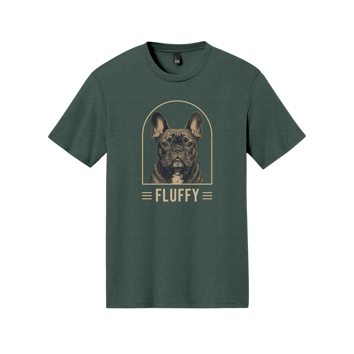 Green t-shirt with a dog graphic and 'FLUFFY' text on a white background[HeatherGreenClassic]