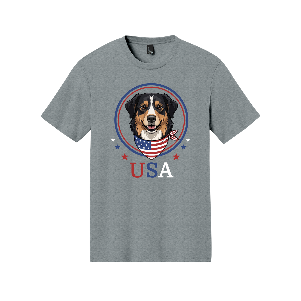 Gray t-shirt with a dog graphic and 'USA' text on a white background[HeatherGreyFireworks]