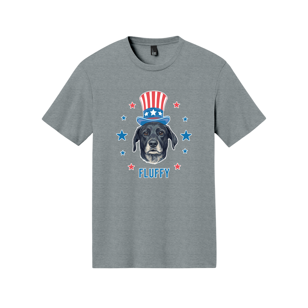 Gray t-shirt with a dog wearing a patriotic hat and 'FLUFFY' text on a white background[HeatherGreyUncleSam]