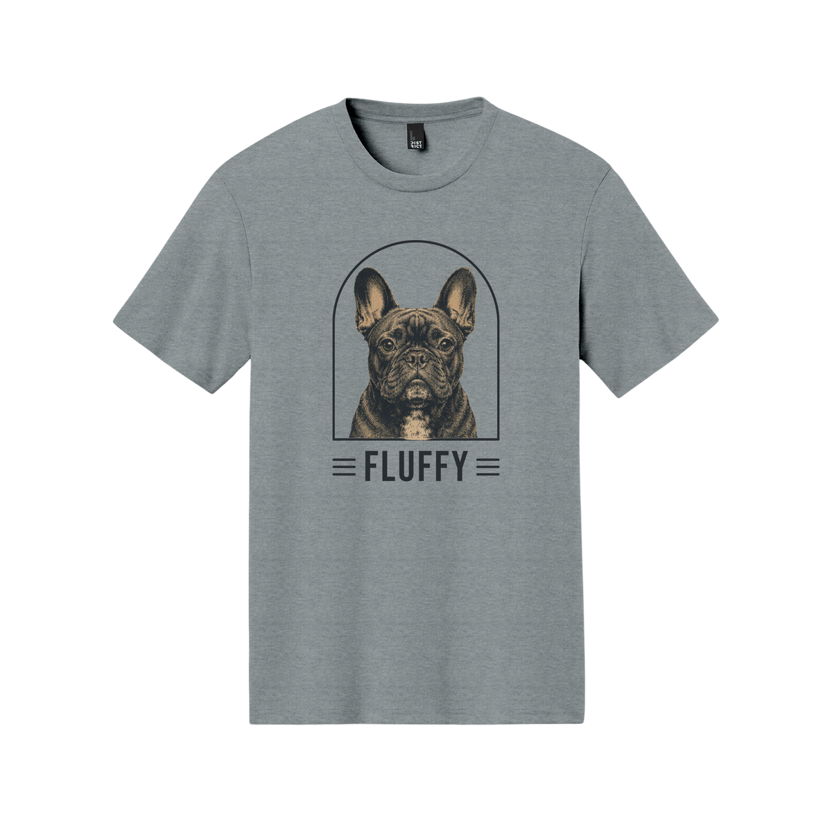 Gray t-shirt with a dog graphic and 'FLUFFY' text on a white background[HeatherGreyClassic]