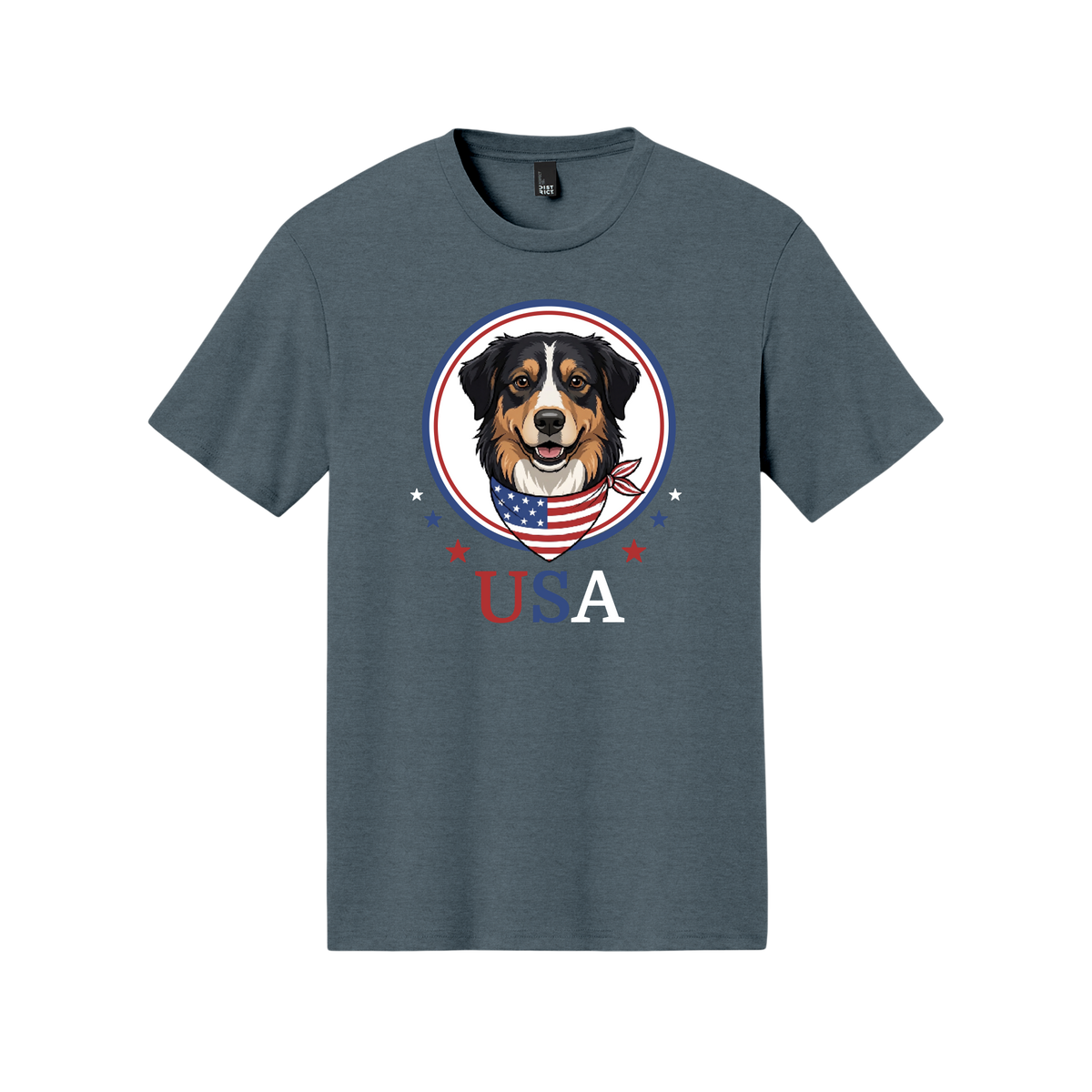 Blue t-shirt with a dog graphic and 'USA' text on a white background[HeatherNavyFireworks]