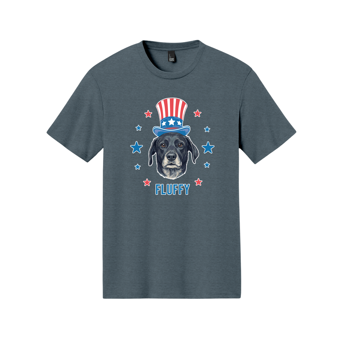 Gray t-shirt with a dog wearing an American flag hat and 'FLUFFY' text on a white background[HeatherNavyUncleSam]