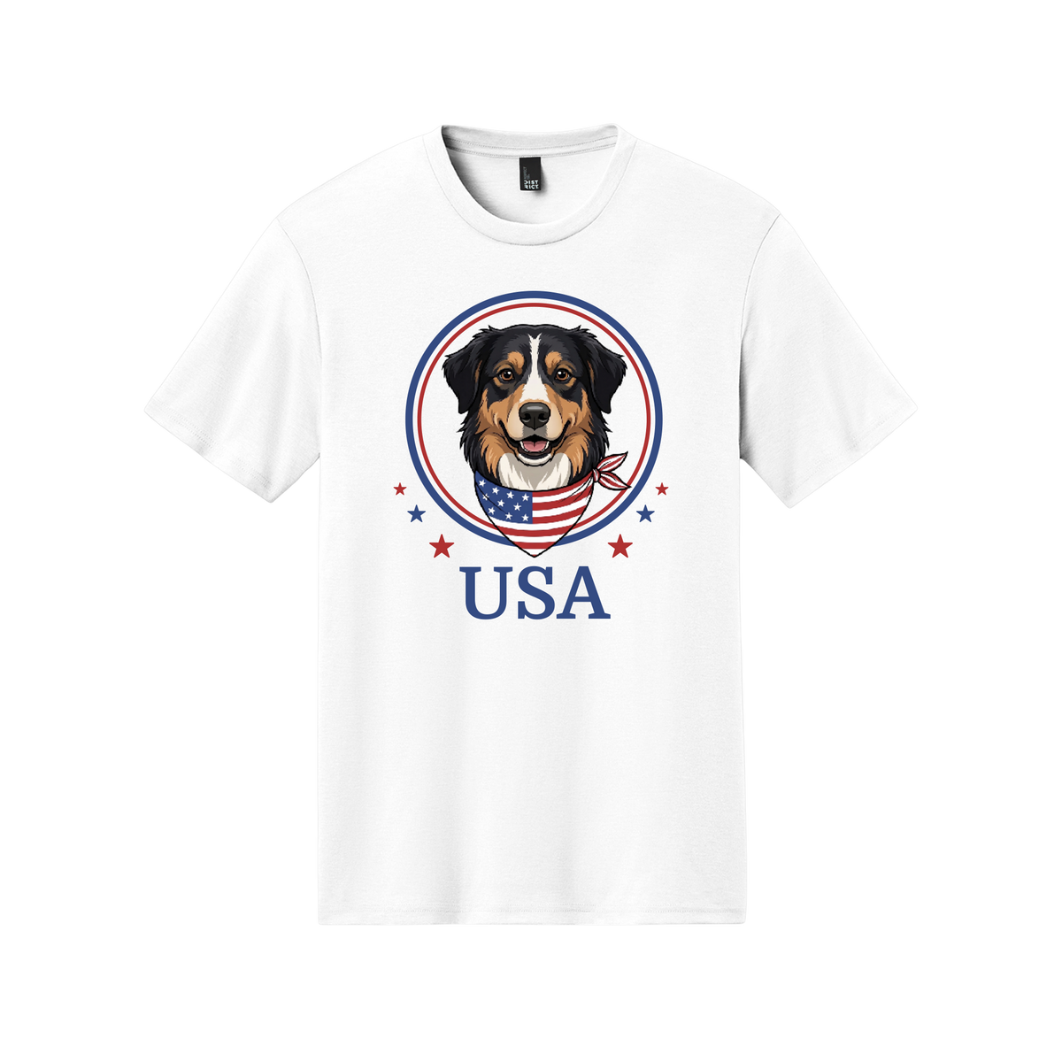 White t-shirt with a dog graphic and 'USA' text on a white background[WhiteFireworks]