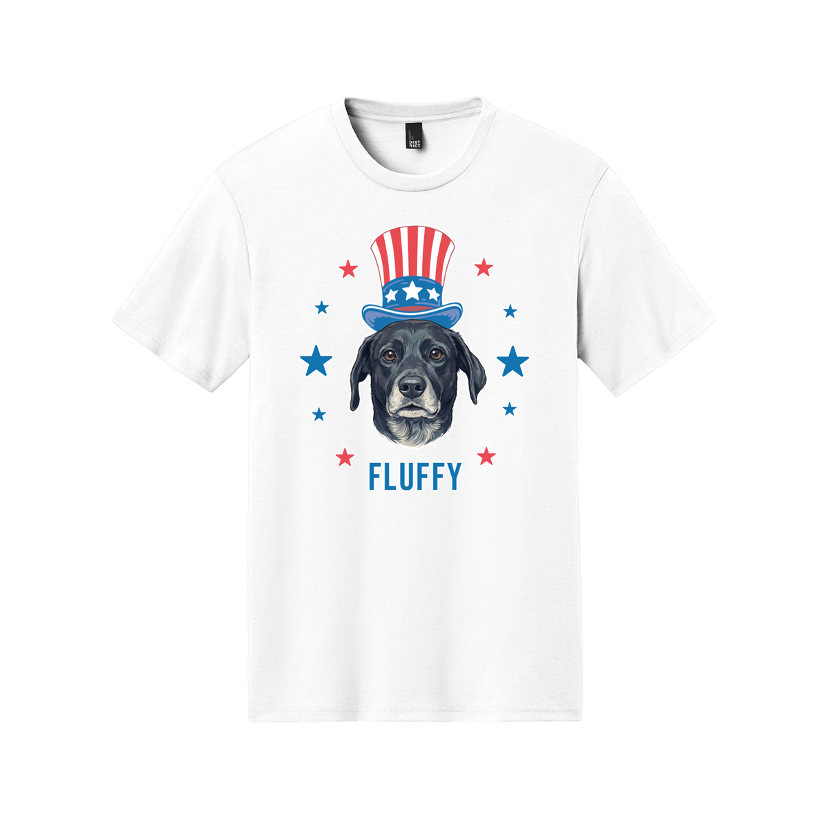 White t-shirt with a dog wearing an American flag hat and 'FLUFFY' text on a white background[WhiteUncleSam]