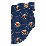 A custom printed Christmas-themed dog coat on a white background. The coat is navy blue with a repeating pattern of Golden Retriever portraits wearing Santa hats, the text 'LIFE IS GOOD CHRISTMAS WOODEN', and holiday decorations.