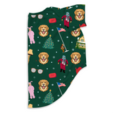 A dark green hooded sweatshirt or hoodie featuring a festive Christmas-themed print with golden retriever dogs, snowman figures, Christmas trees, flags, and snowflakes, shown on a plain white background.