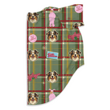 Green plaid dog pajamas featuring custom dog portraits, pink Ralphie bunny suit figures, and A Christmas Story-inspired graphics on a white background.