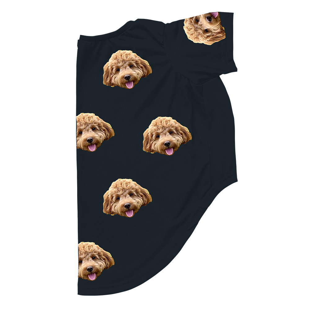 Black dog pajama with repeating pet faces on them