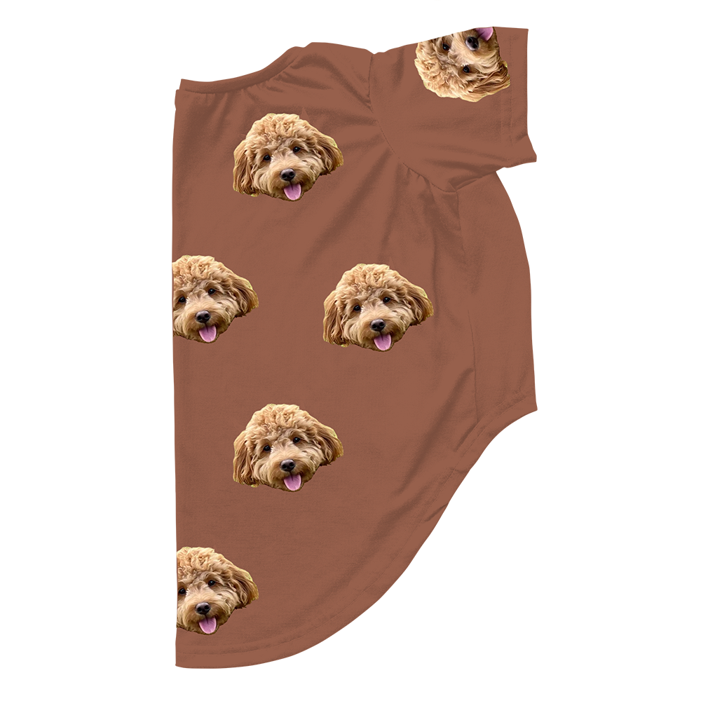 Brown dog pajama with repeating pet faces on them