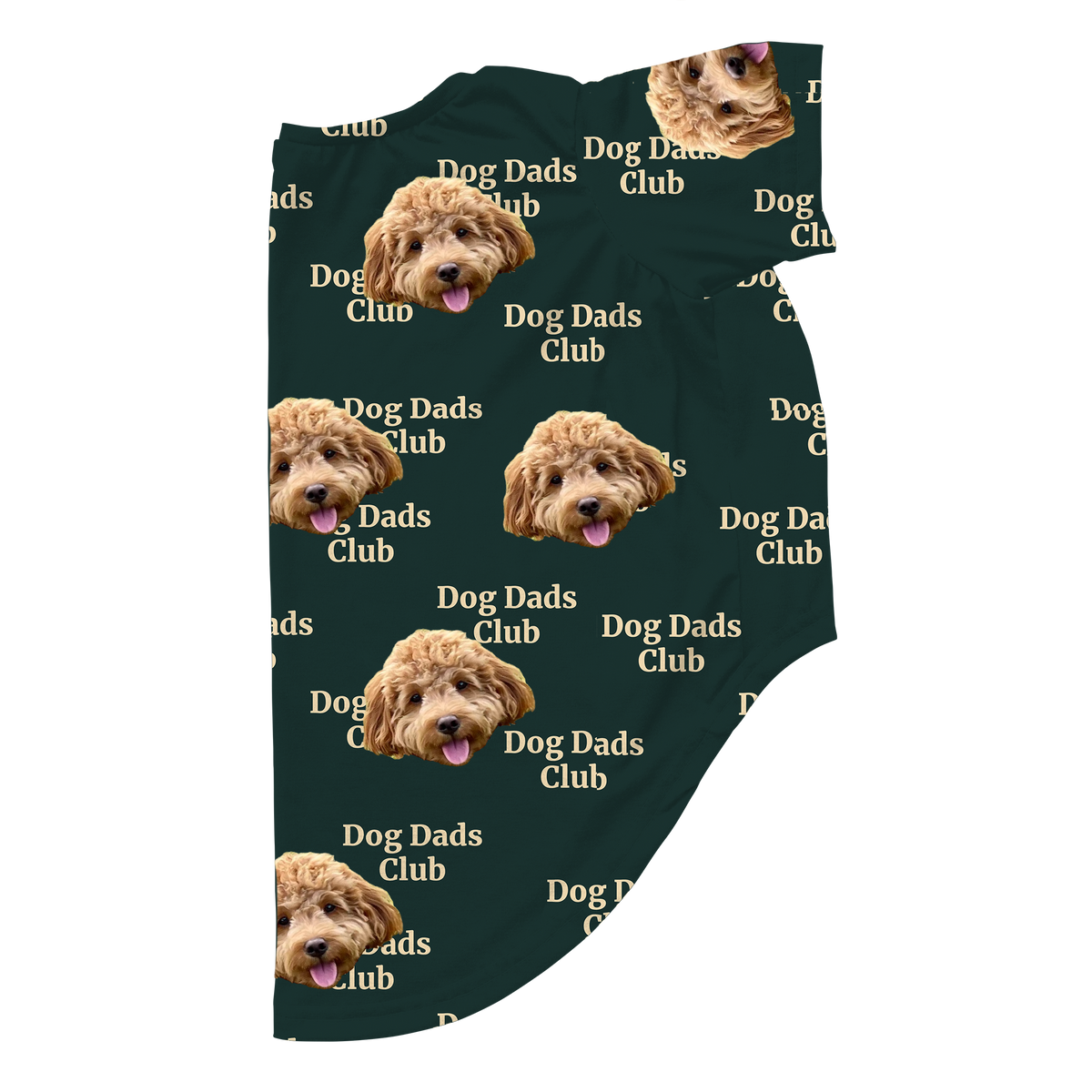 Custom dog pajamas in a dark background pattern featuring repeated faces of a fluffy light-brown dog and the phrase ‘I Love Mom’ in white text with small tan hearts.