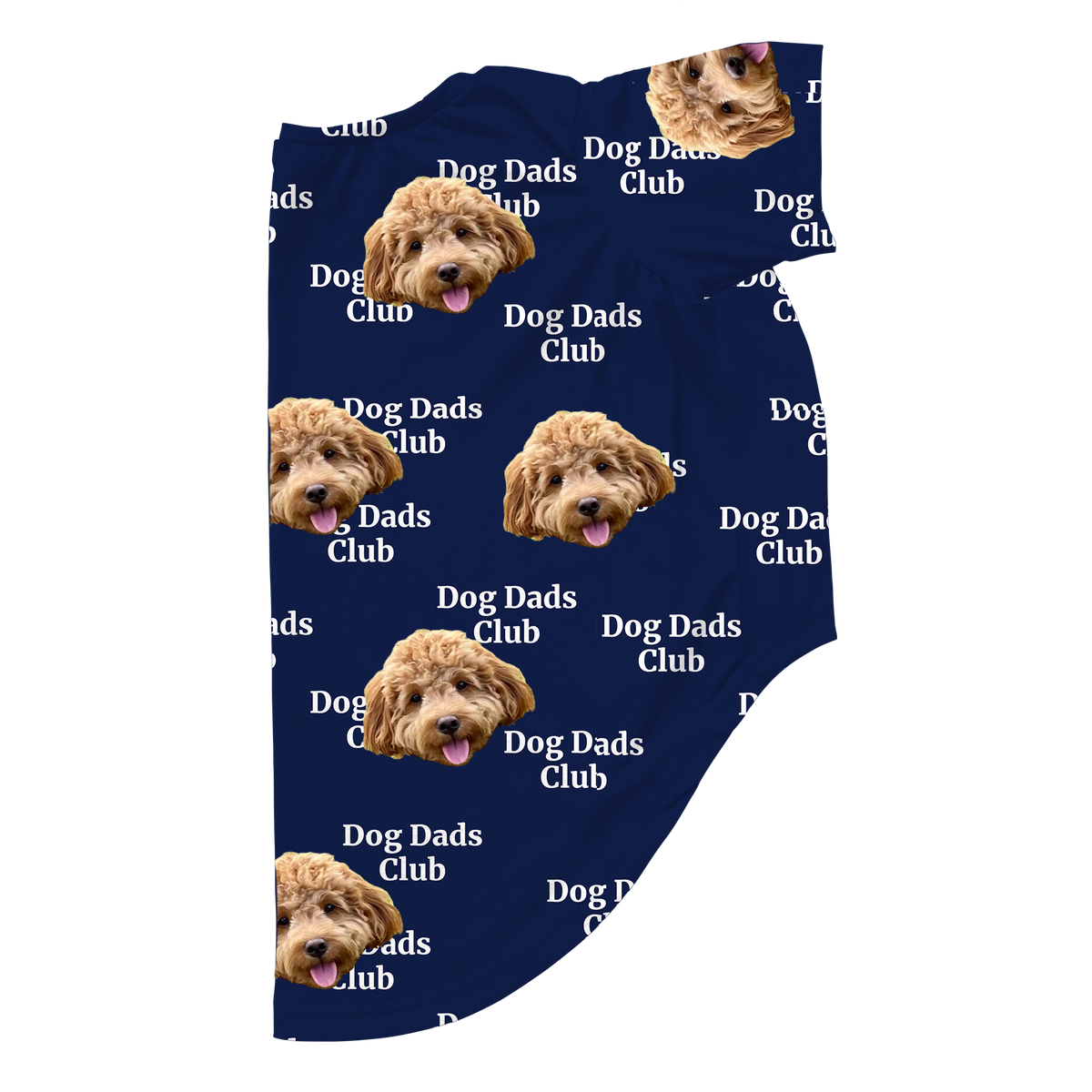 Navy blue dog pajama with an all-over print featuring a brown curly-haired dog’s face and the repeated text ‘Dog Dads Club’ in white, displayed flat on a white background.
