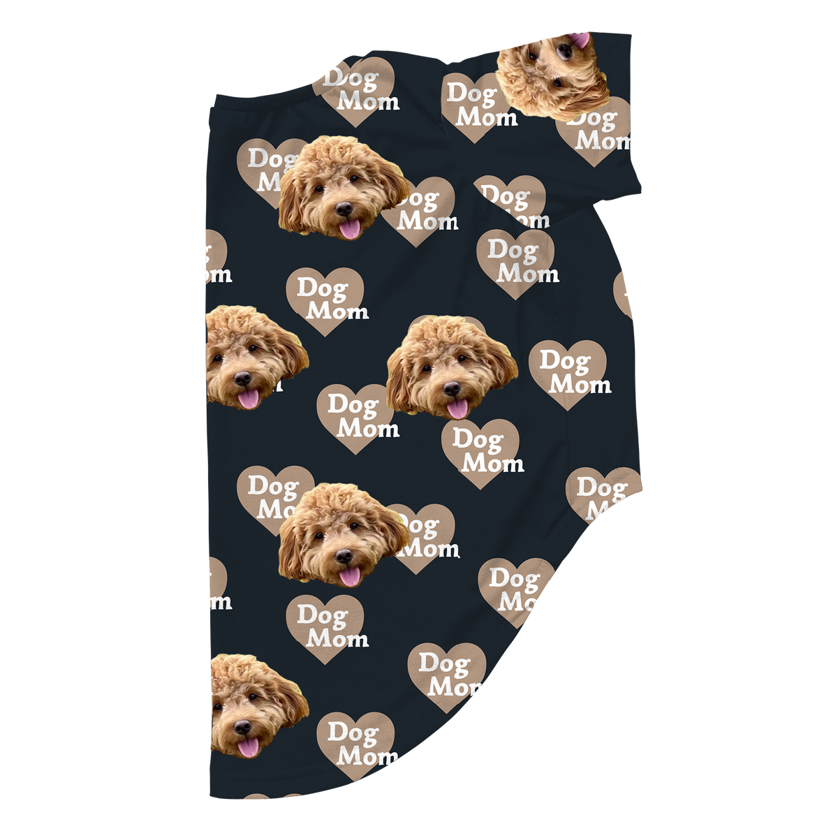 Custom black dog pajamas featuring an all-over print of a dog’s face and tan heart graphics with the words “Dog Mom.”