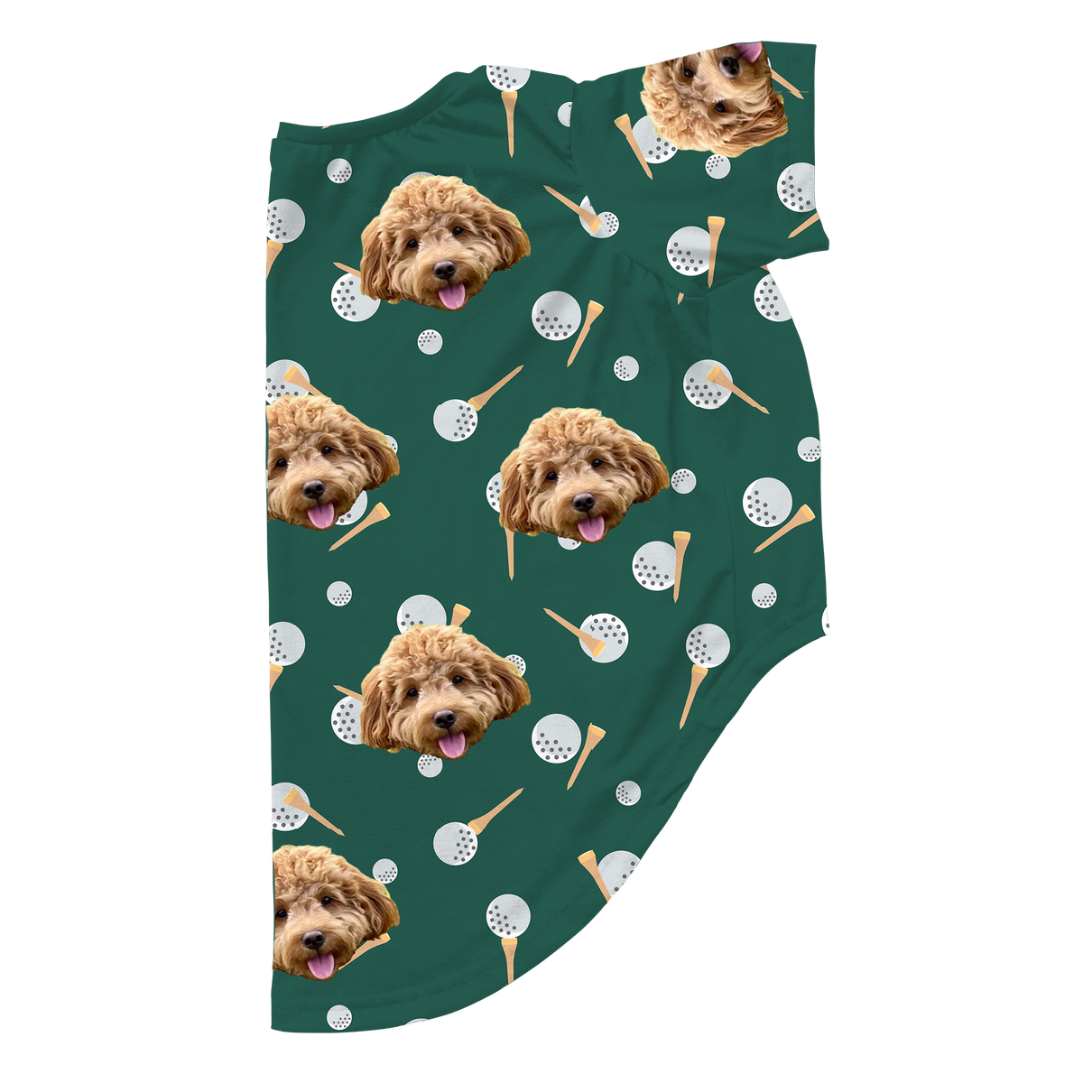 Personalized green dog pajamas with an all-over pattern of a fluffy dog’s face, golf balls, and tees.