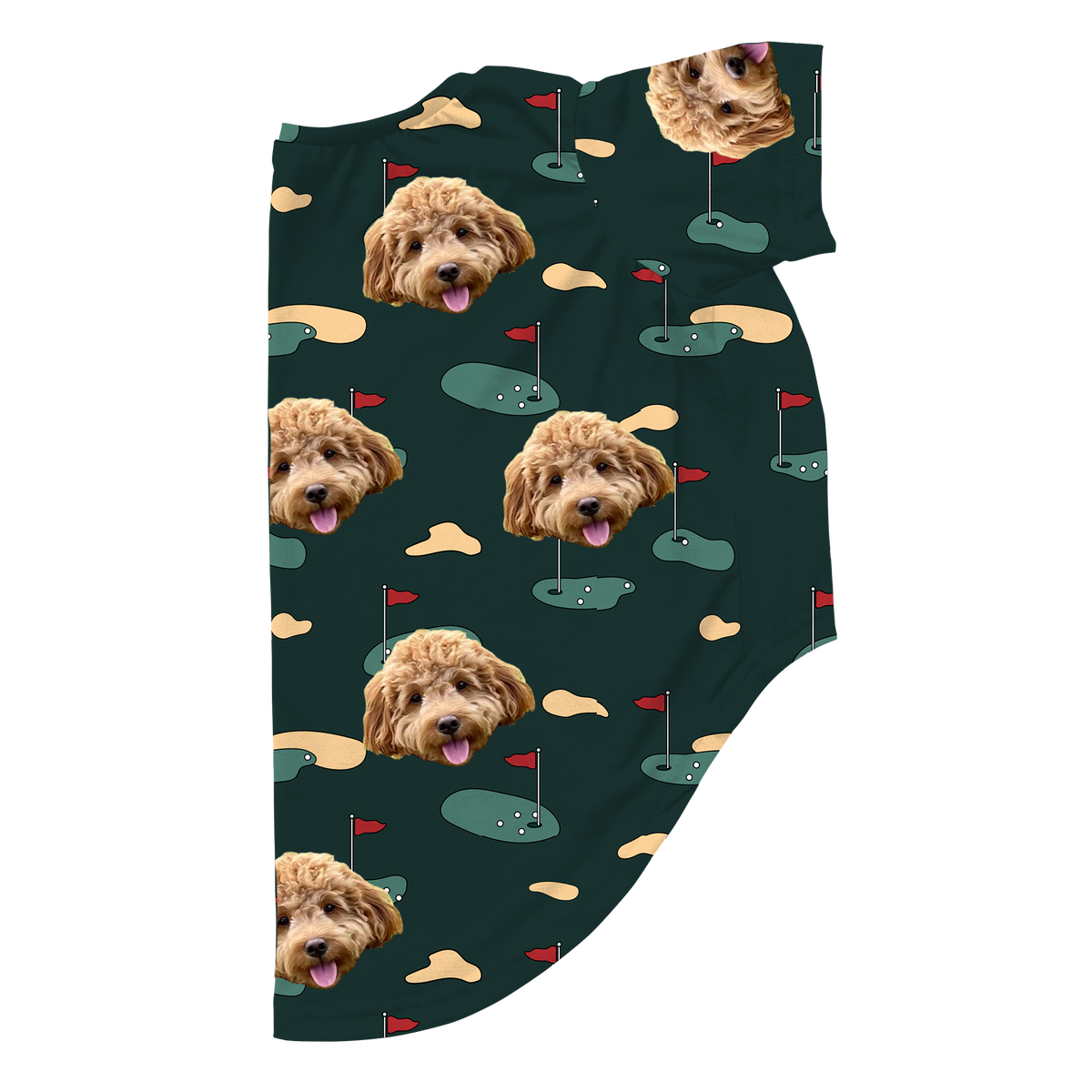 Dark green dog pajamas printed with a custom pet face alongside golf course illustrations, including putting greens, sand traps, and red flags.