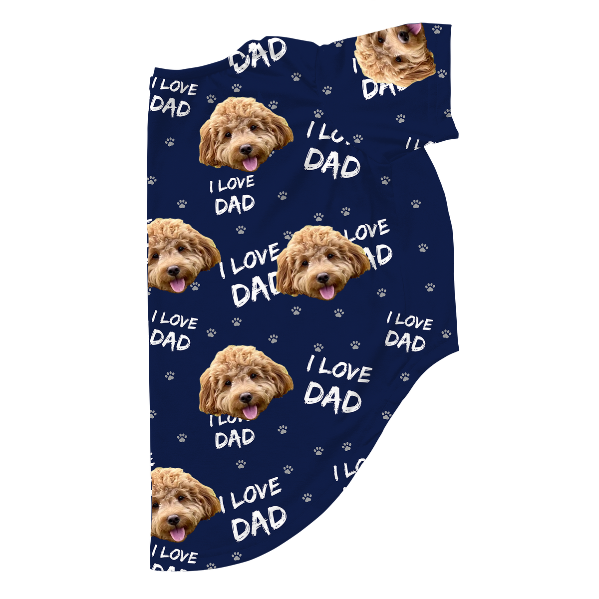 Blue dog pajama with an all-over print featuring a brown curly-haired dog’s face, white paw prints, and the repeated text ‘I LOVE DAD,’ displayed flat on a white background.