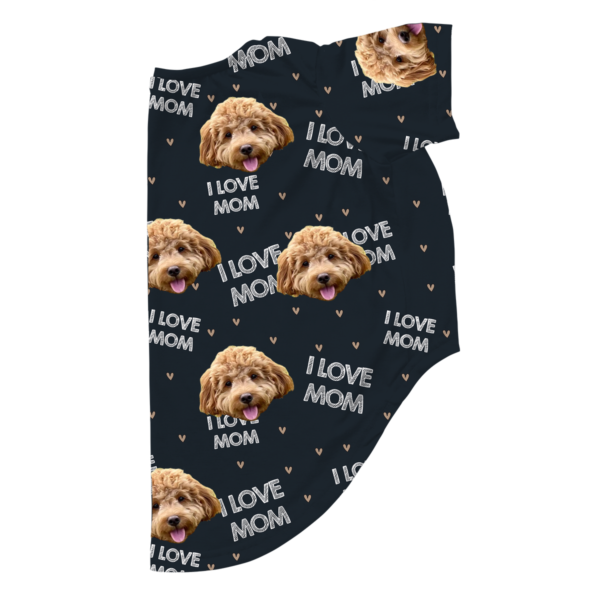 Custom dog pajamas in a dark background pattern featuring repeated faces of a fluffy light-brown dog and the phrase ‘I Love Mom’ in white text with small tan hearts.