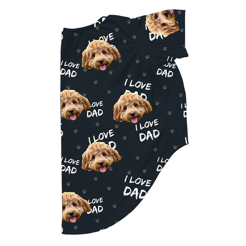 Black dog pajama with repeating pet faces on them