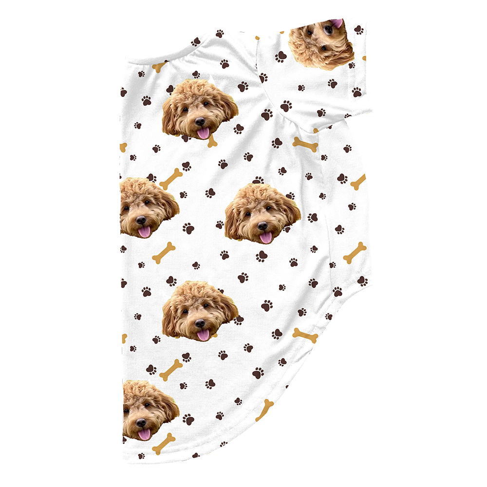 Paws and bones print dog pajama with repeating pet faces on them[PawsandBones]
