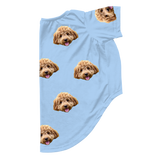 Sky blue dog pajama with repeating pet faces on them