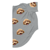 Gray dog pajama with repeating pet faces on them
