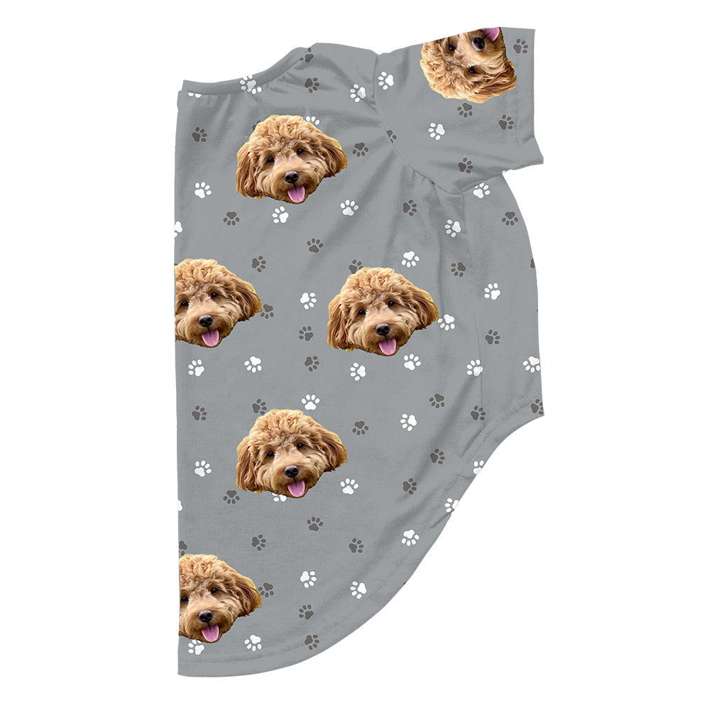 Gray paws dog pajama with repeating pet faces on them