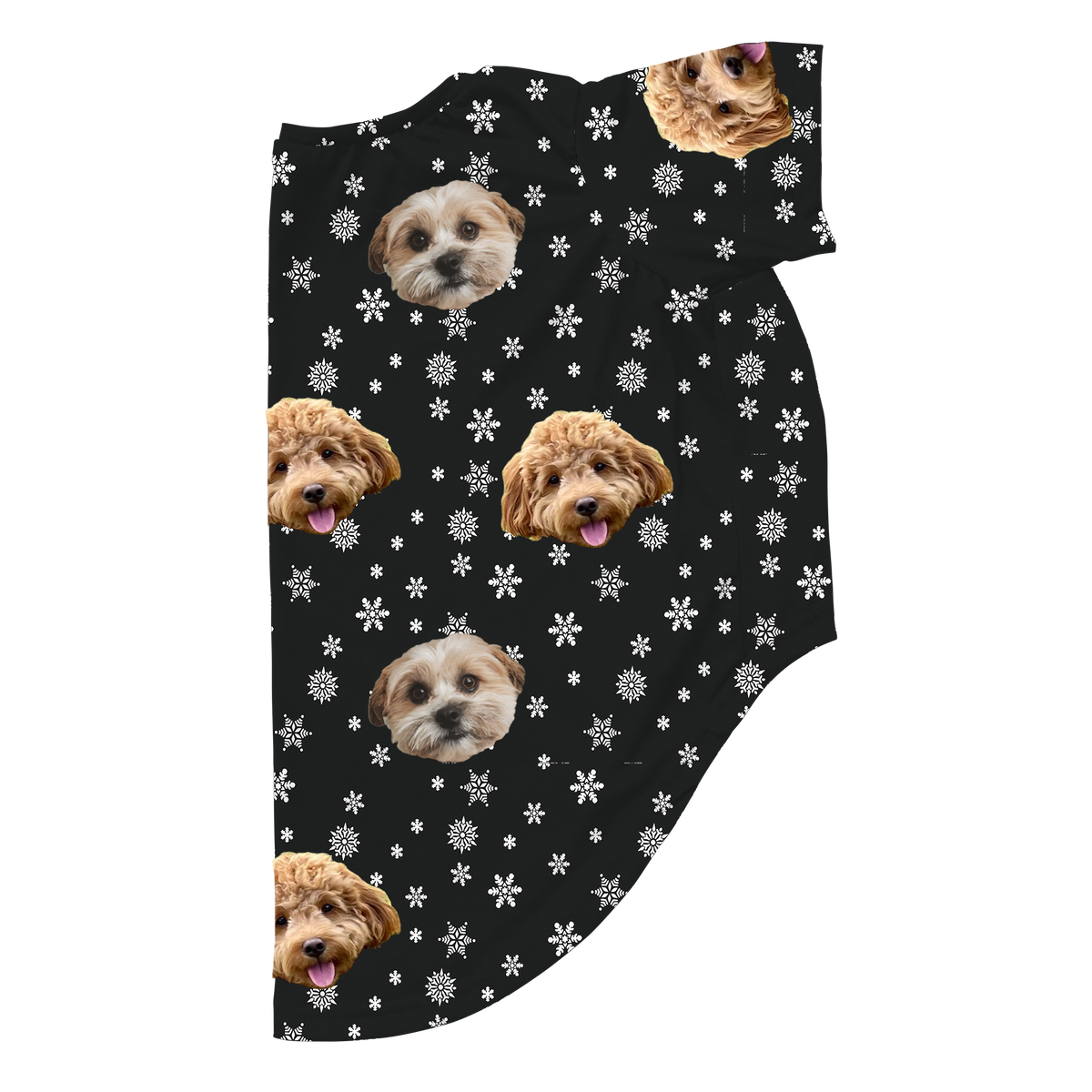 Black dog pajamas decorated with white snowflakes and custom pet faces, featuring two small fluffy dogs and one curly-haired dog repeated across the fabric.