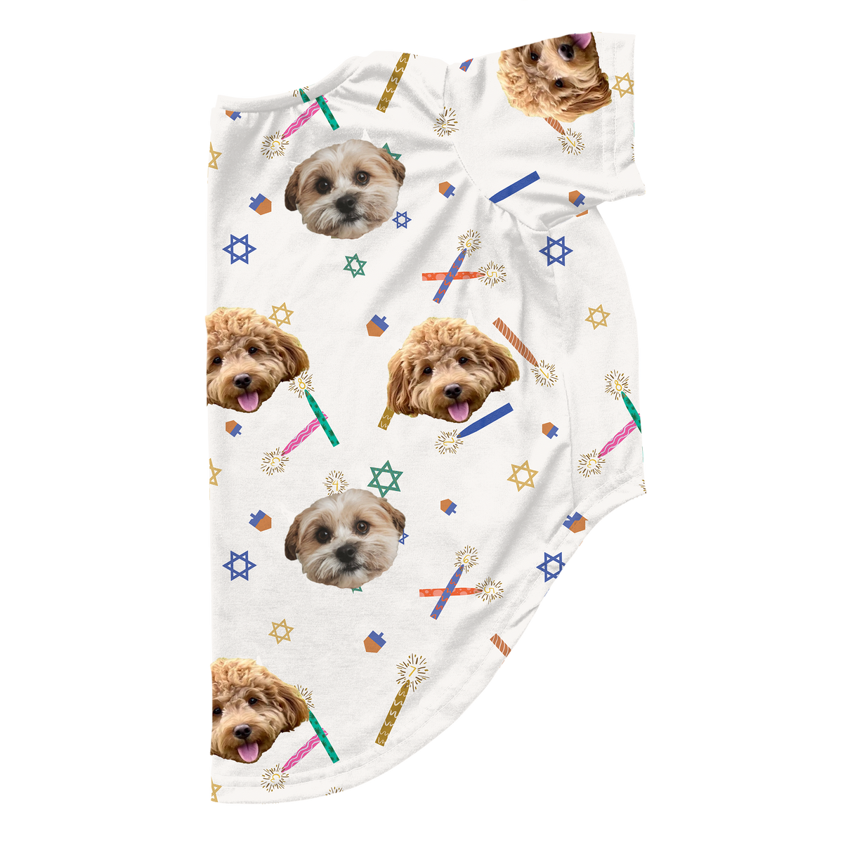 Custom dog pajamas featuring two pets’ faces printed on a white fabric decorated with colorful Hanukkah elements, including Stars of David, candles, dreidels, and sparkles.