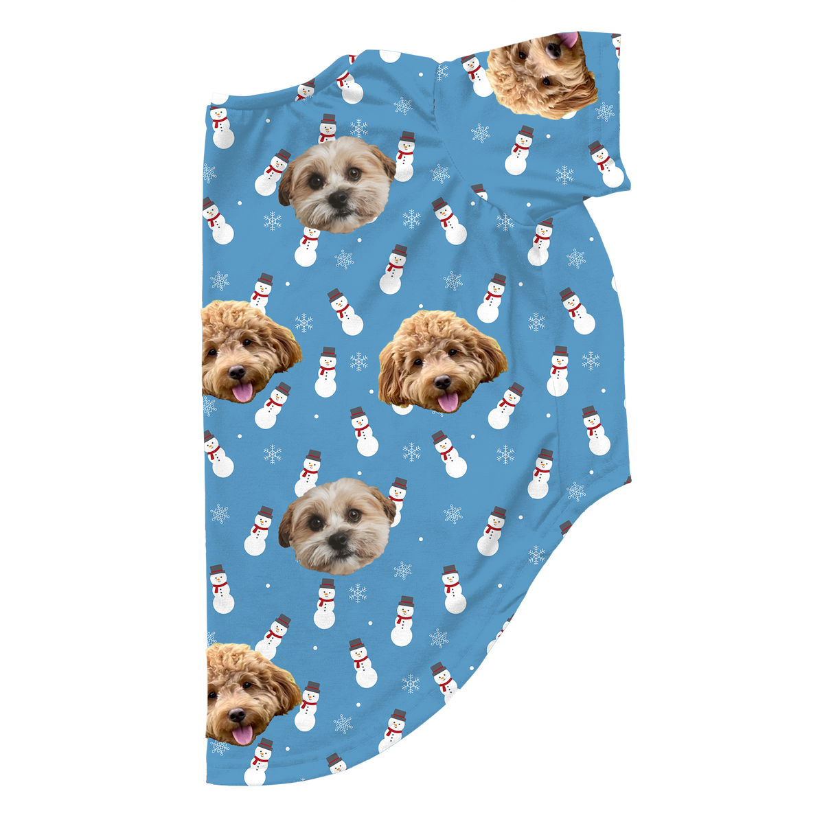 Blue dog pajama shirt featuring a repeating pattern of small snowmen and white snowflakes, customized with two different dog faces printed across the fabric.
