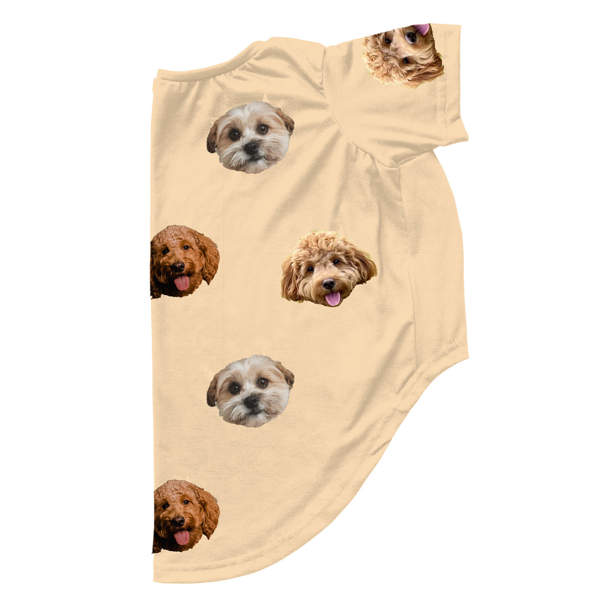 Yellow dog pajama with repeating pet faces on them[ButterYellow3Pets]