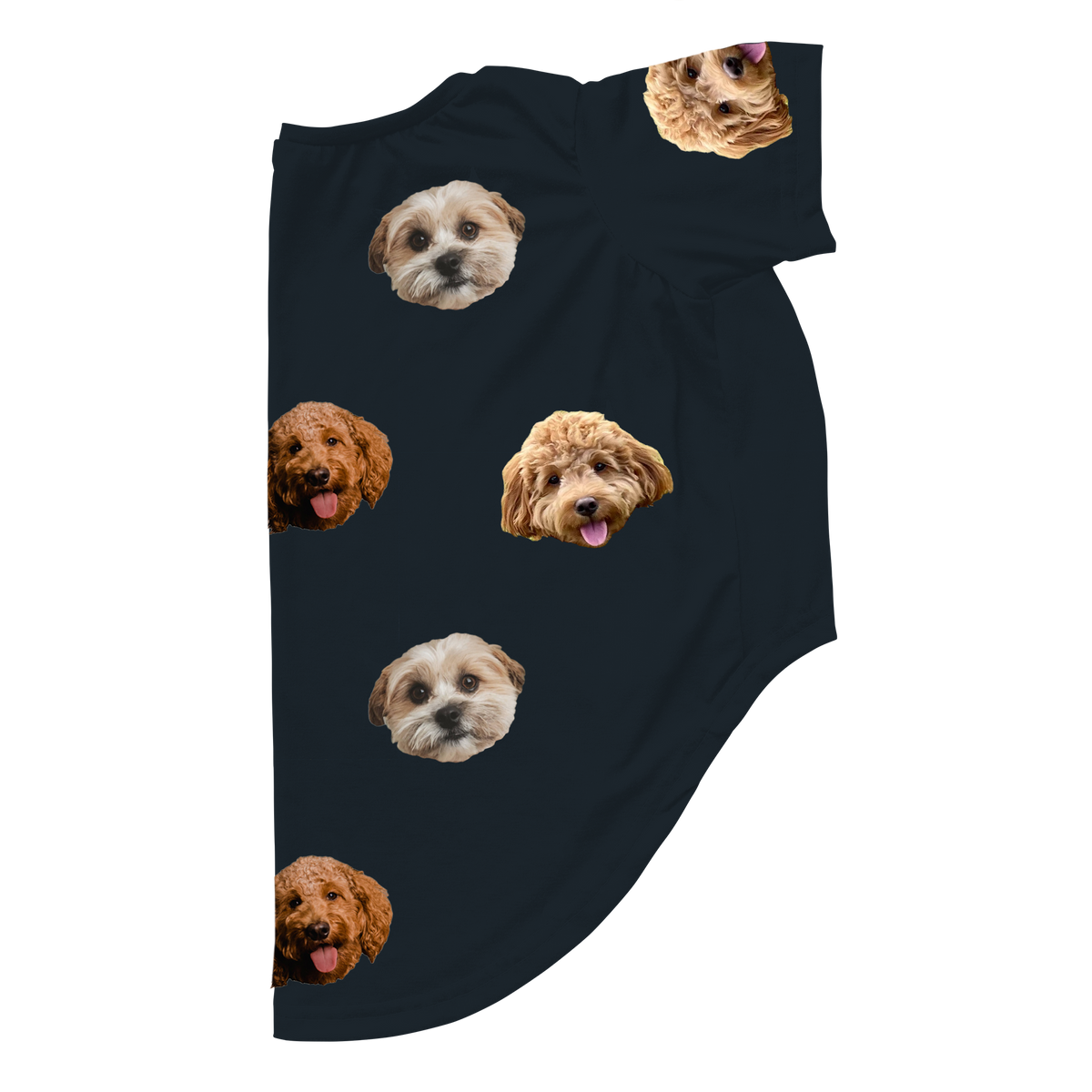 Dark navy dog pajama shirt featuring a repeating pattern of three different dog faces printed across the fabric.