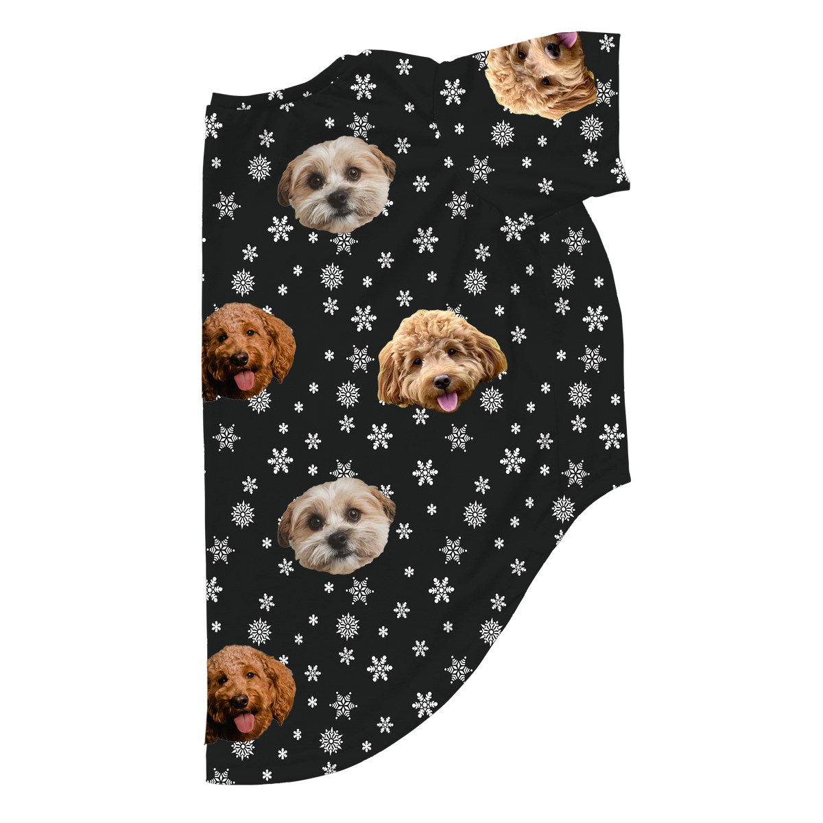 Black dog pajama shirt decorated with white snowflakes and customized with multiple dog faces printed across the fabric.