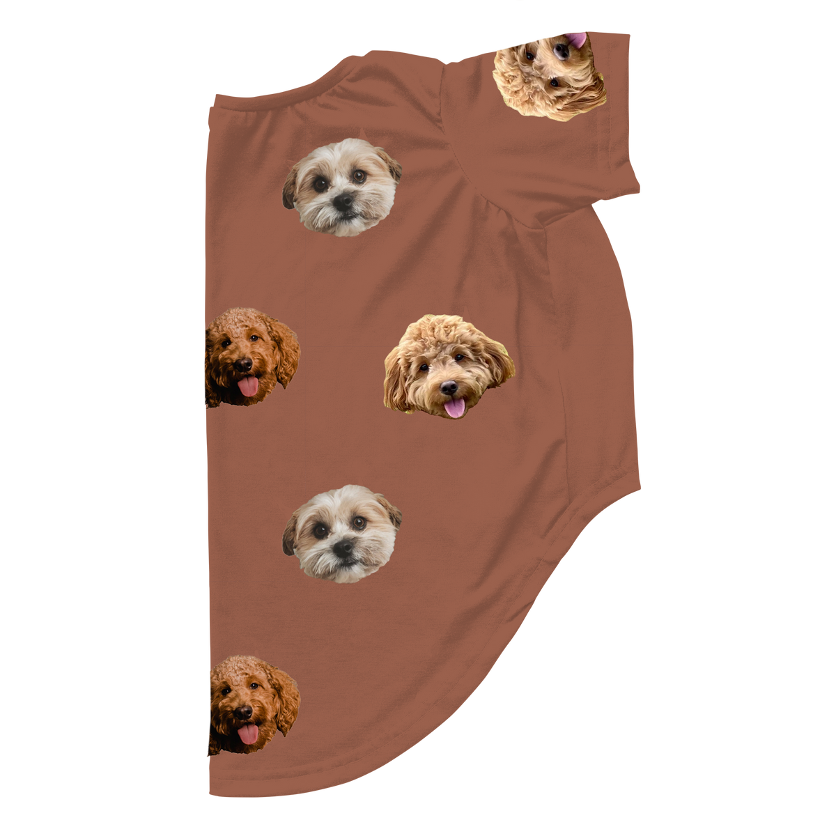 Brown dog pajama shirt featuring a repeating pattern of three different dog faces printed across a solid brown background.