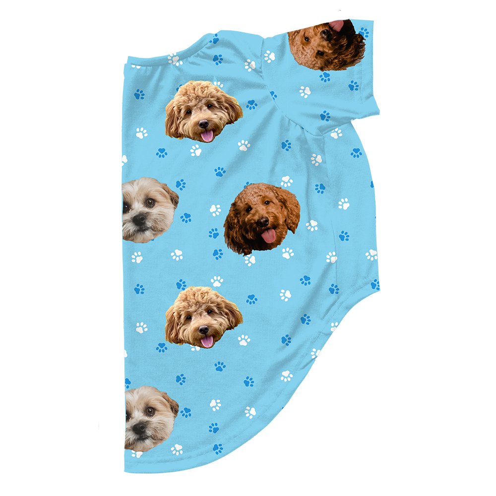 Light blue dog pajama with repeating pet faces on them[LightBluePaws3Pets]
