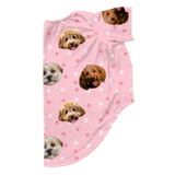 Light pink dog pajama with repeating pet faces on them[LightPinkPaws3Pets]